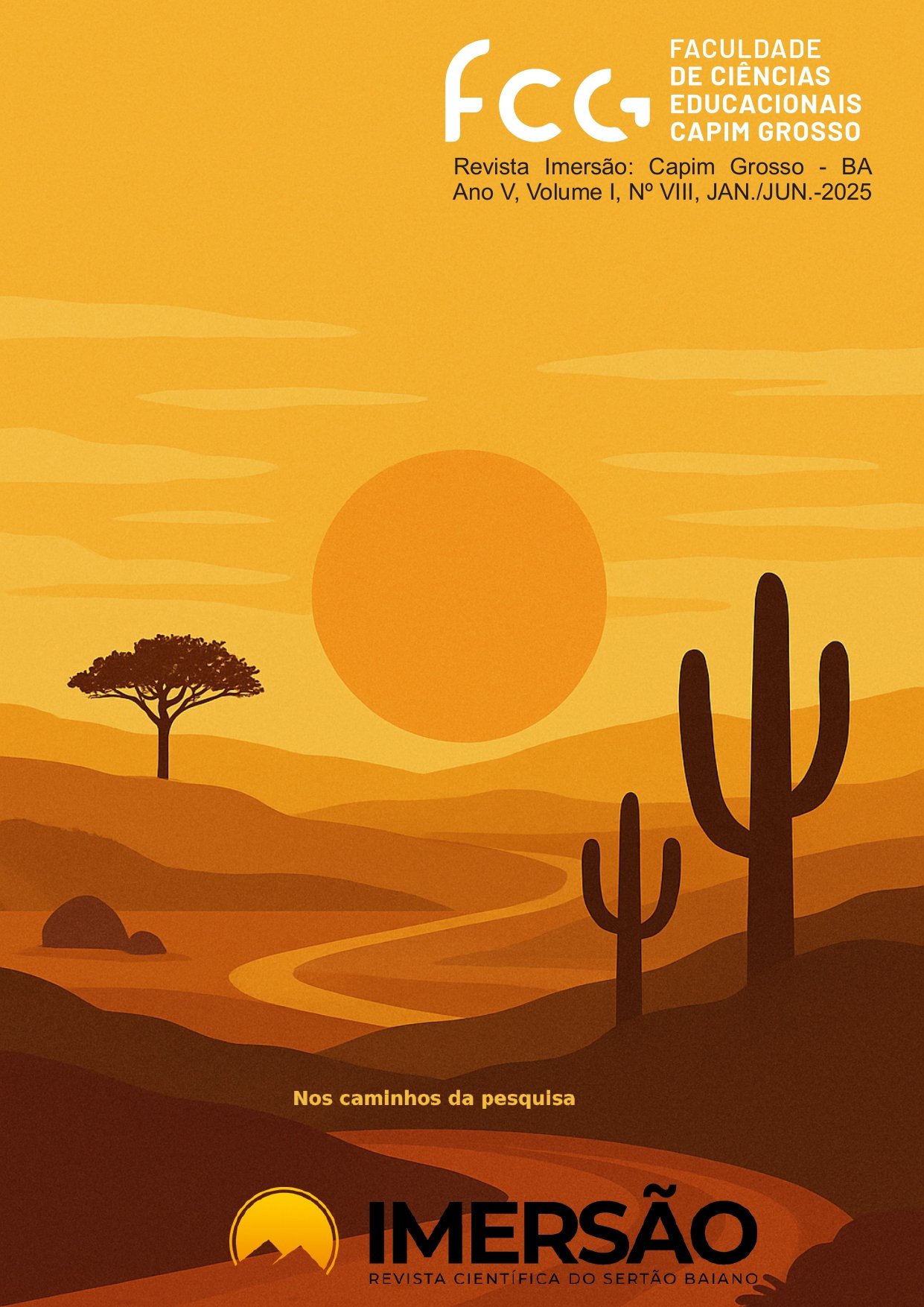 Paisagem do sertão com sol, cactus, caminho e árvore